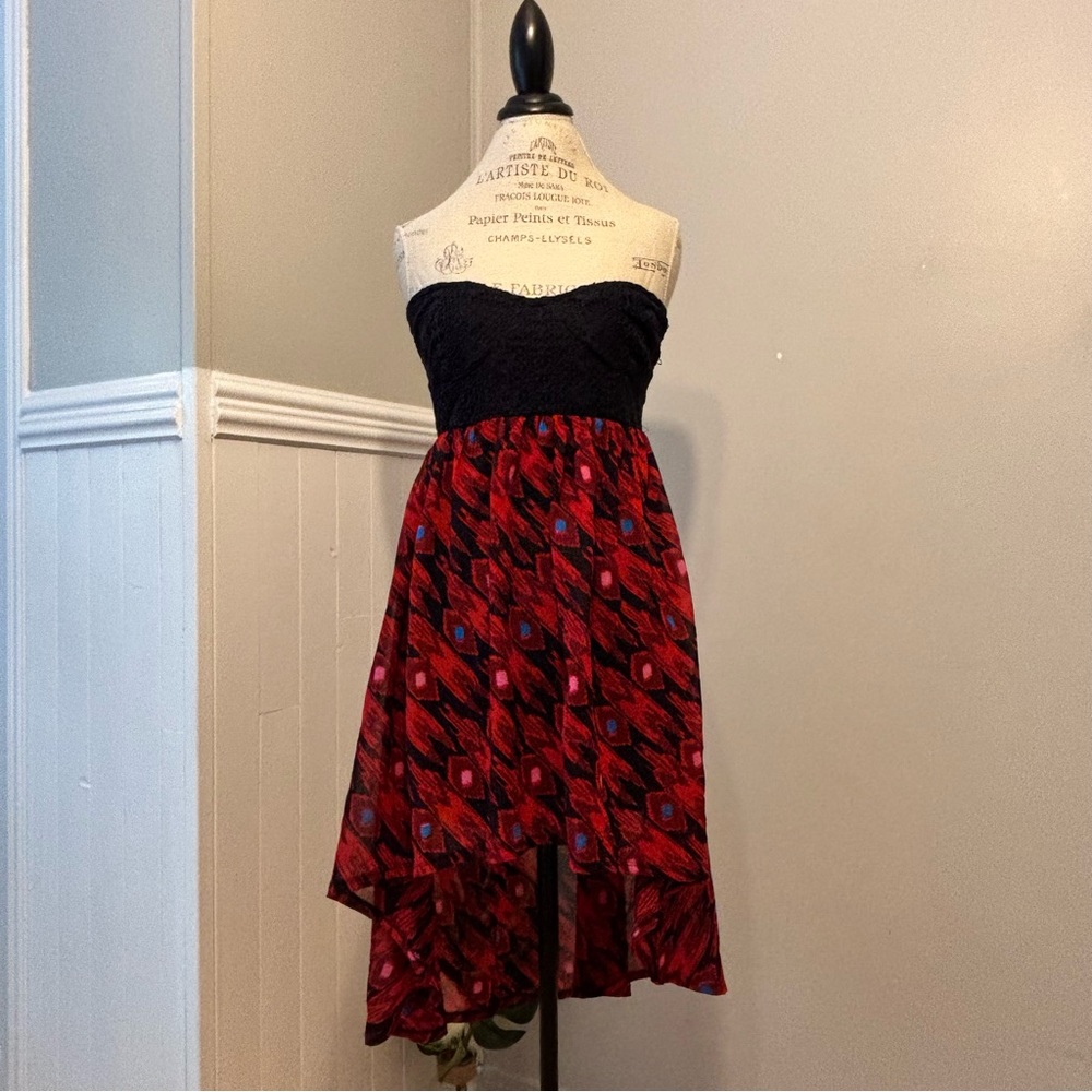 Element Boho High Low Hem Strapless Red and Blue Mini Dress Size M